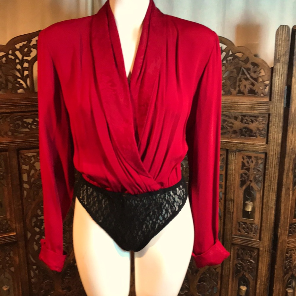 Red Long Sleeve Blouse with attached Black Lace Panty!